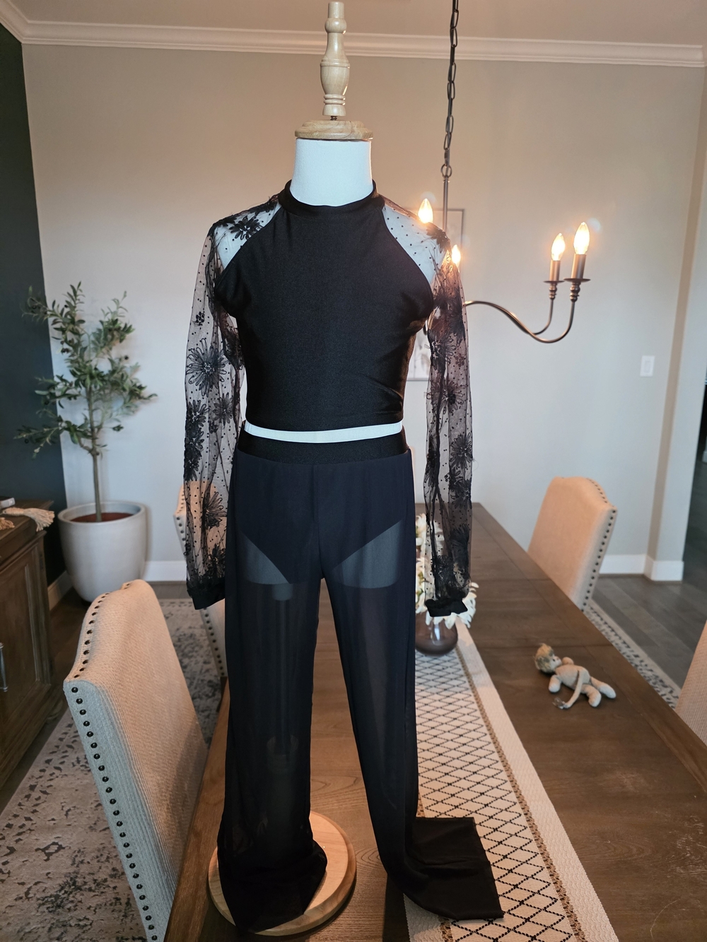 Sheer Black Wide-Leg Dance Costume with Lace Sleeve Detail